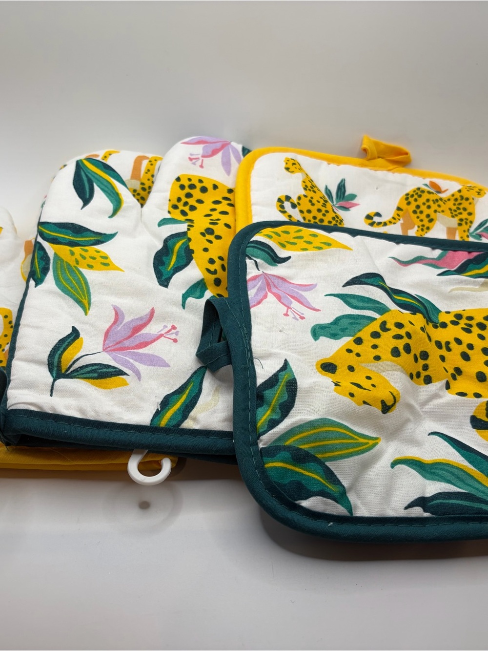 Oven Mitts 2 and Pot Holder Set - 2 Yellow Leopard Print - 4 total